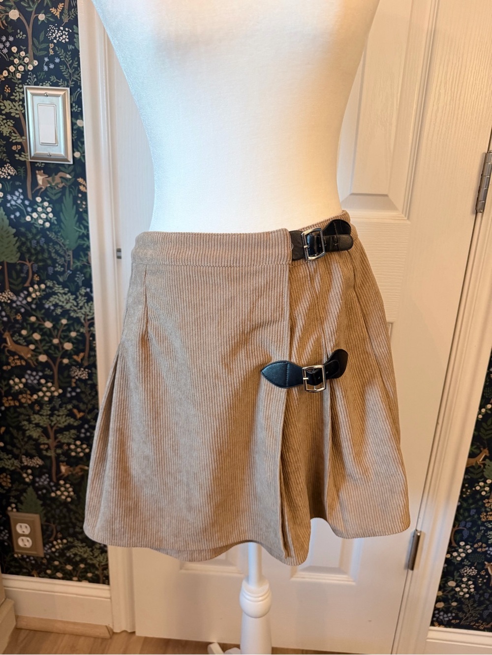 SHEIN Tan Corduroy Wrap Mini Skirt with Black Buckle Straps